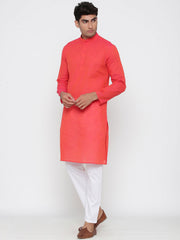 Men's Peach Solid Tunic Cotton Kurta Pajama Set