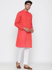 Men's Peach Solid Tunic Cotton Kurta Pajama Set