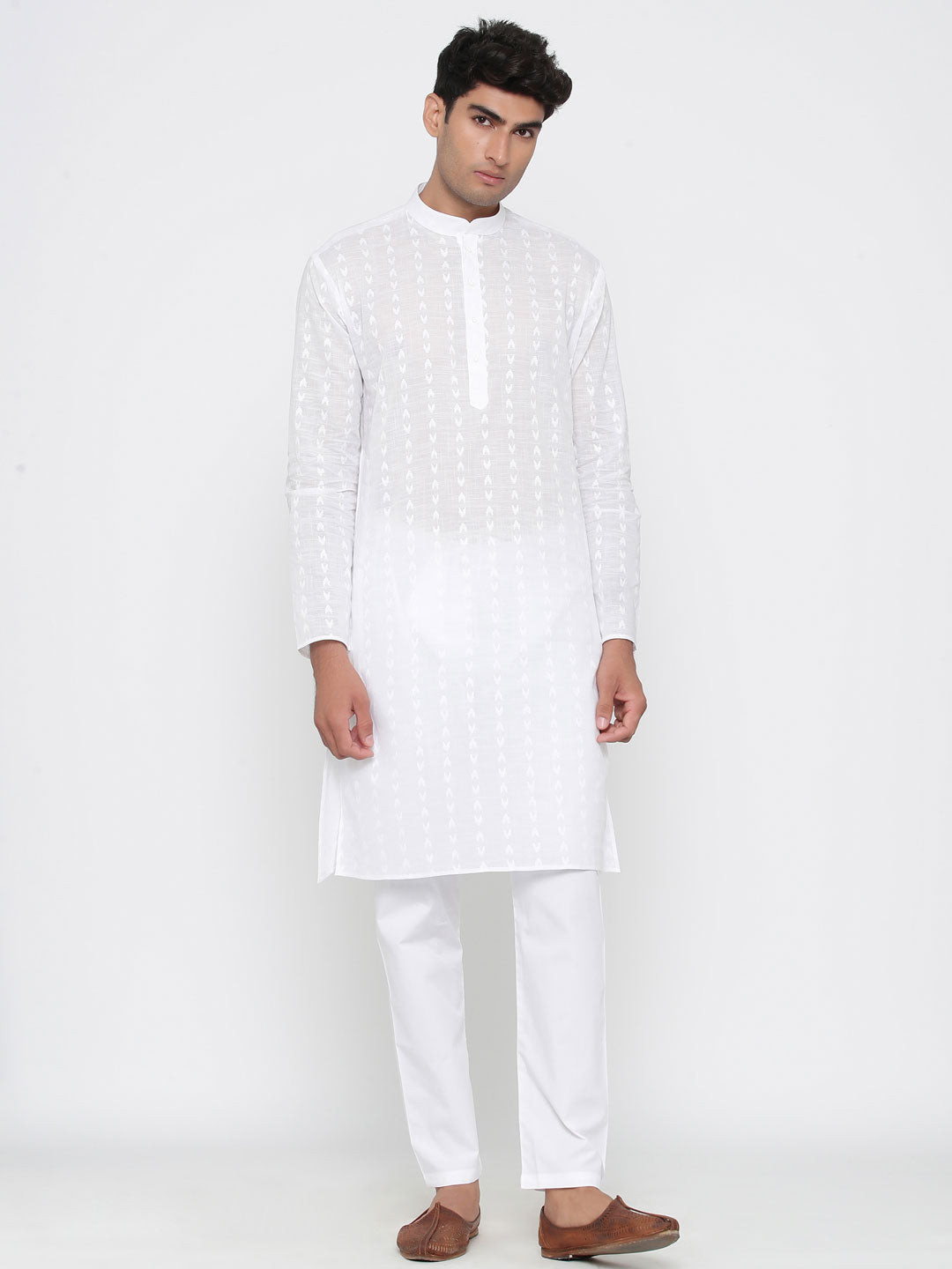 Men's White Solid Tunic Cotton Kurta Pajama Set