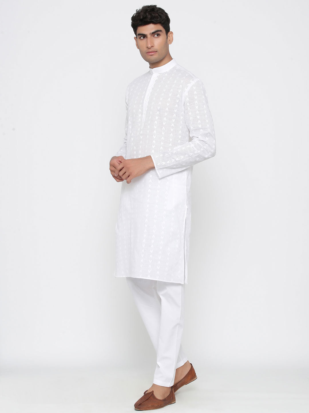 Men's White Solid Tunic Cotton Kurta Pajama Set