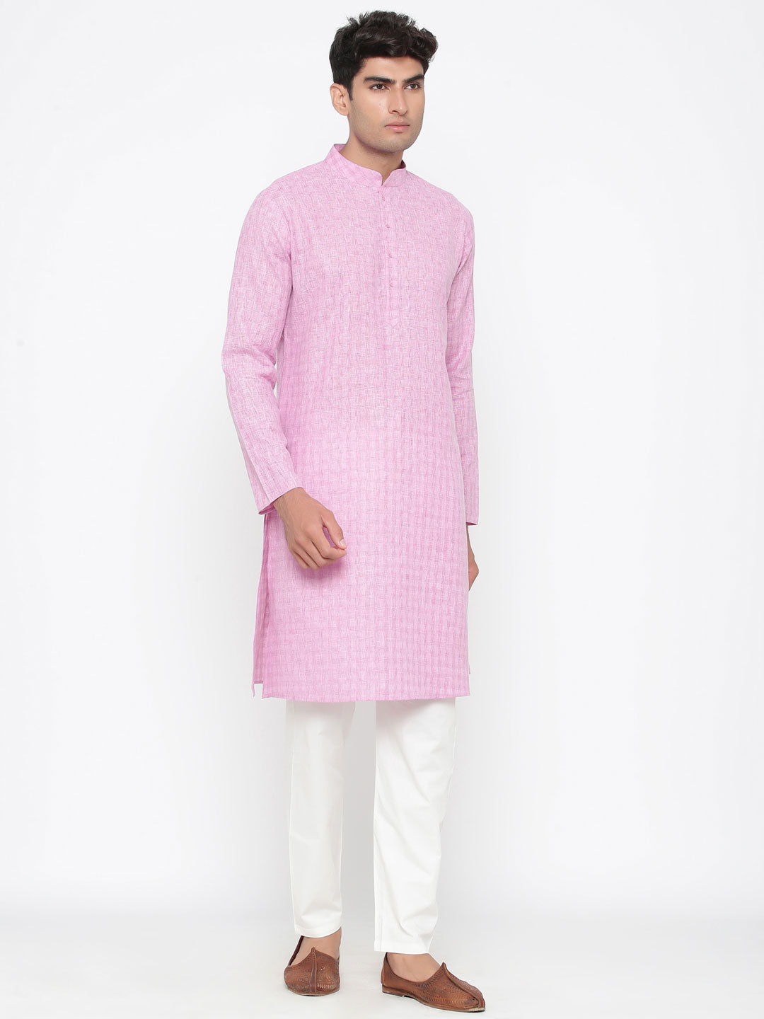 Men's Pink Solid Tunic Cotton Kurta Pajama Set