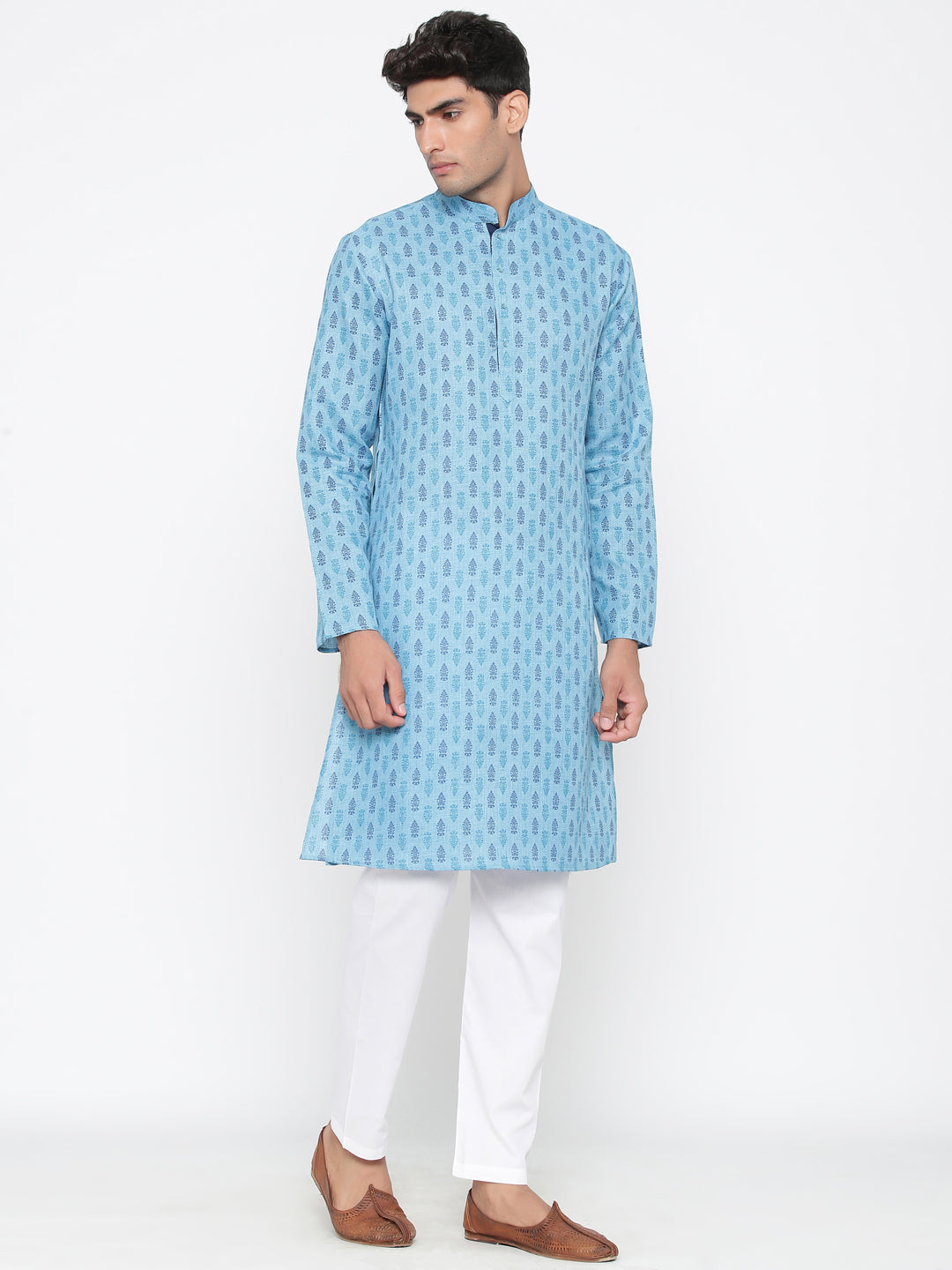 Men's Sky Blue Printed Cotton Kurta Pajama Set