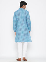 Men's Sky Blue Printed Cotton Kurta Pajama Set