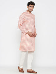 Men's Peach Printed Cotton Kurta Pajama Set