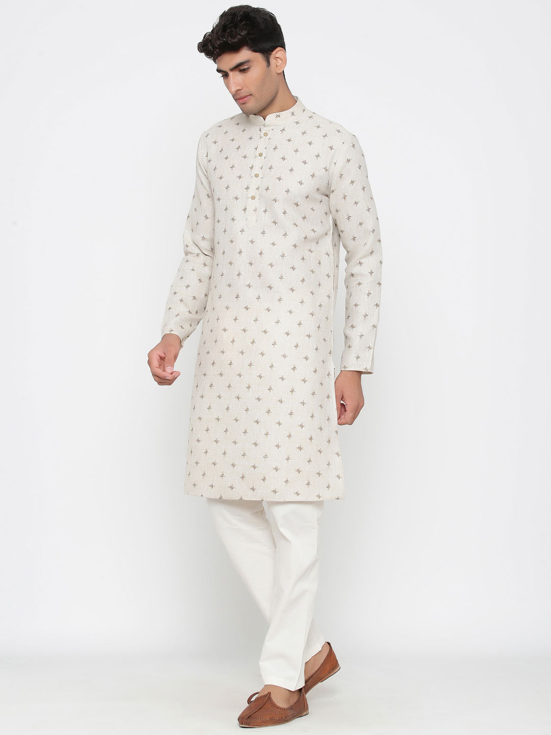 Men's Off White Printed Cotton Kurta Pajama Set