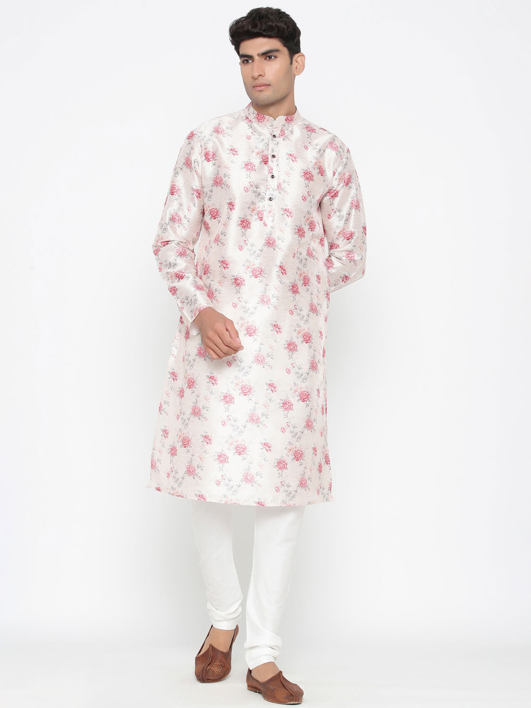 Men's Off White Printed Tunic Cotton Kurta Pajama Set