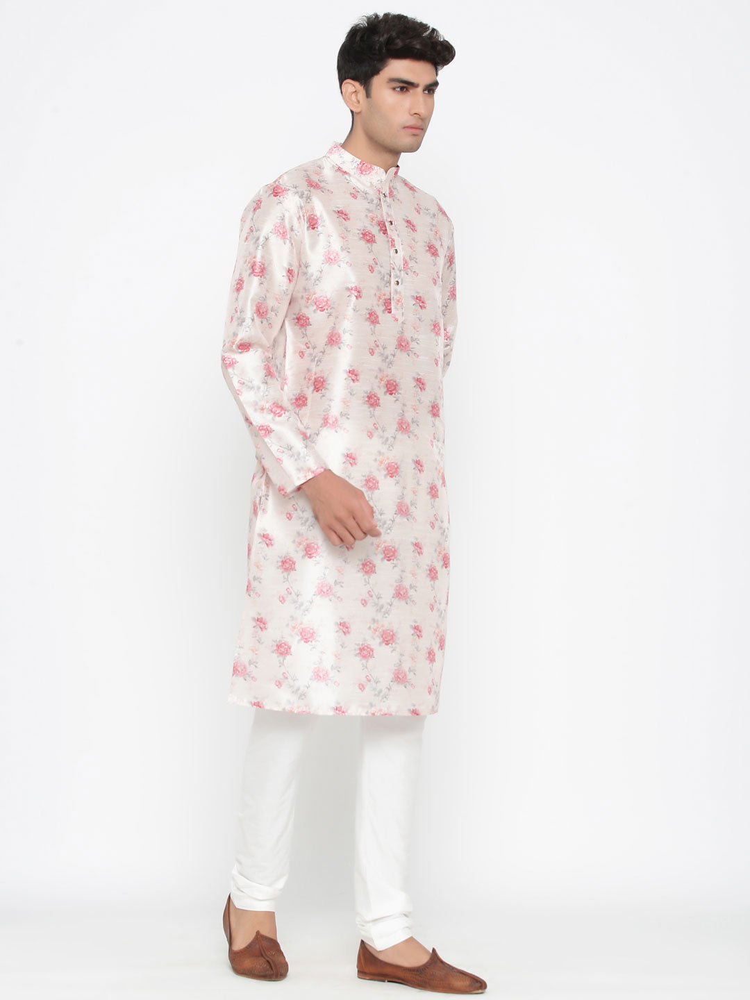 Men's Off White Printed Tunic Cotton Kurta Pajama Set