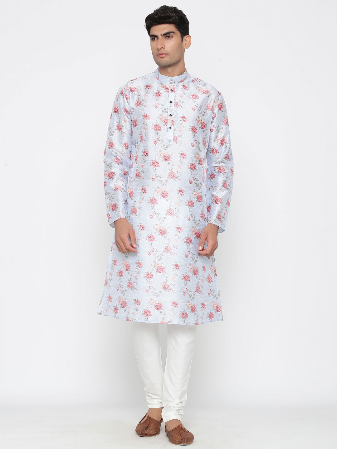 Men's Light Blue Printed Cotton Kurta Pajama Set