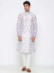 Men's Light Blue Printed Cotton Kurta Pajama Set