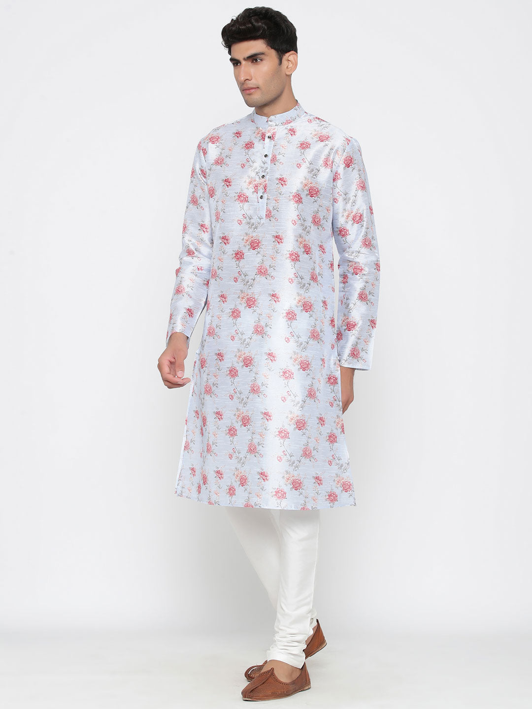 Men's Light Blue Printed Cotton Kurta Pajama Set