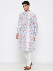 Men's Light Blue Printed Cotton Kurta Pajama Set