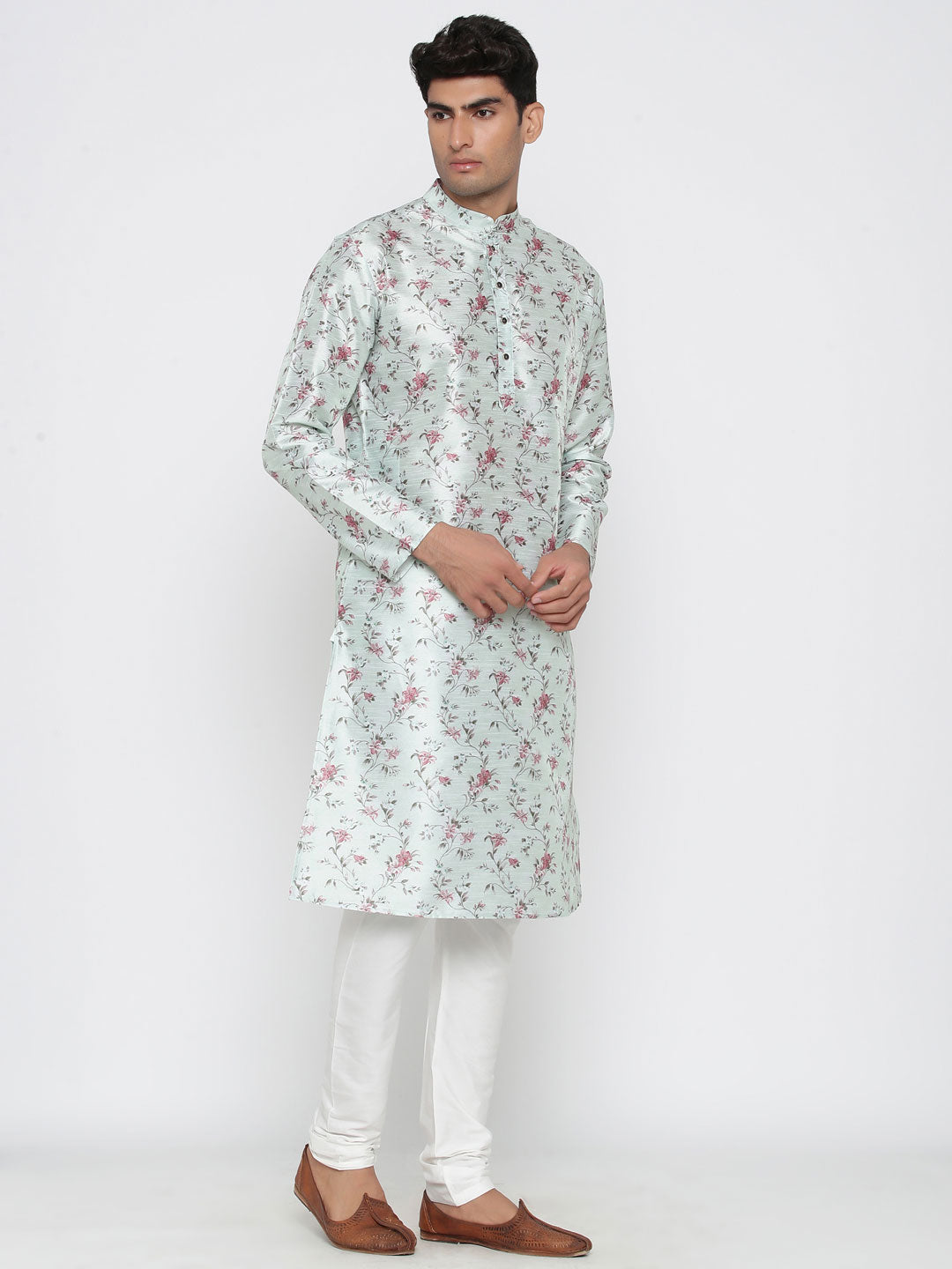 Men's Light Green Printed Cotton Kurta Pajama Set