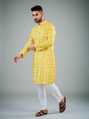 Ensemble pyjama Kurta en coton imprimé oiseau jaune pour homme