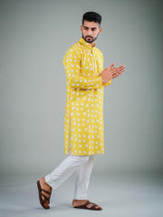 Ensemble pyjama Kurta en coton imprimé oiseau jaune pour homme