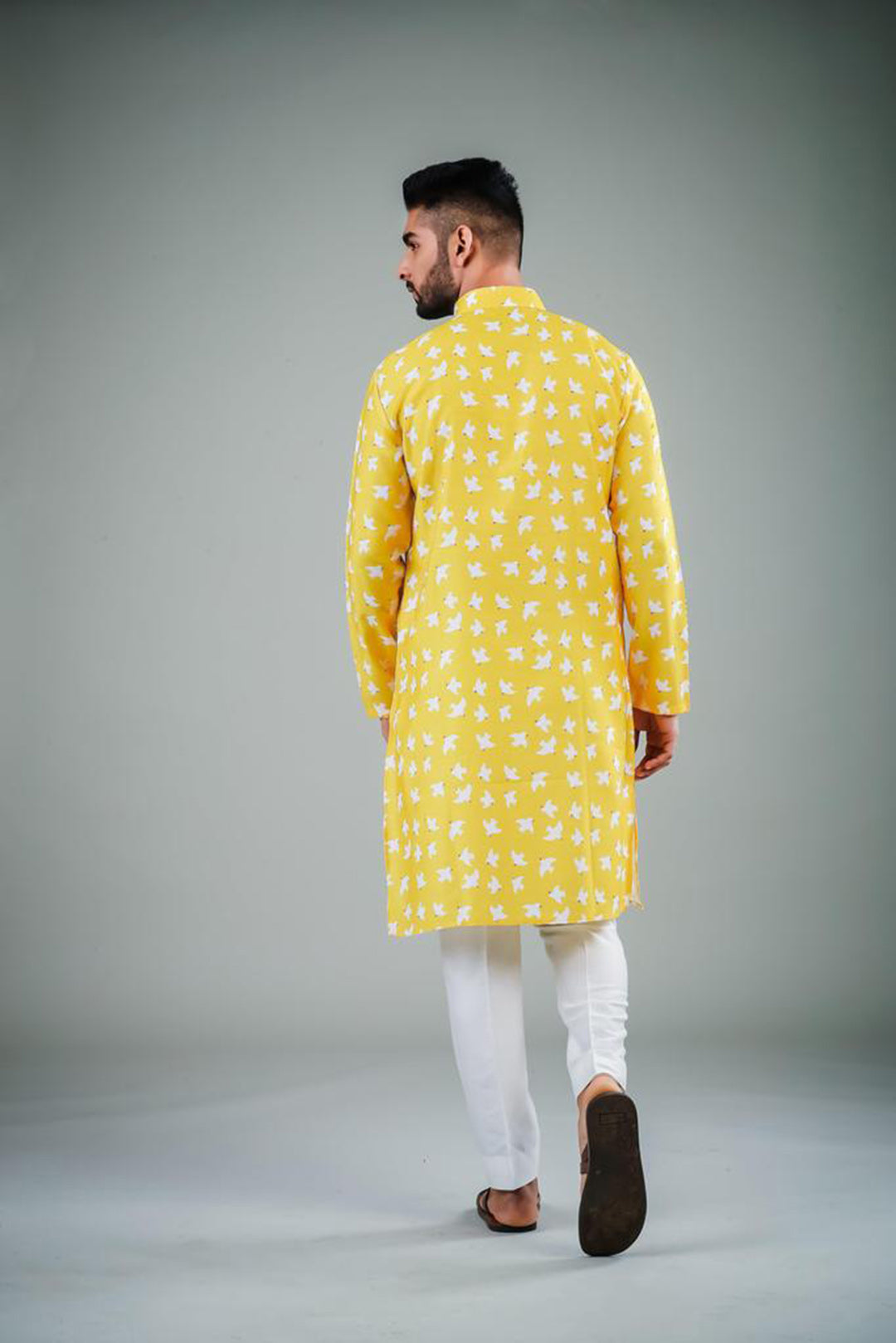 Ensemble pyjama Kurta en coton imprimé oiseau jaune pour homme