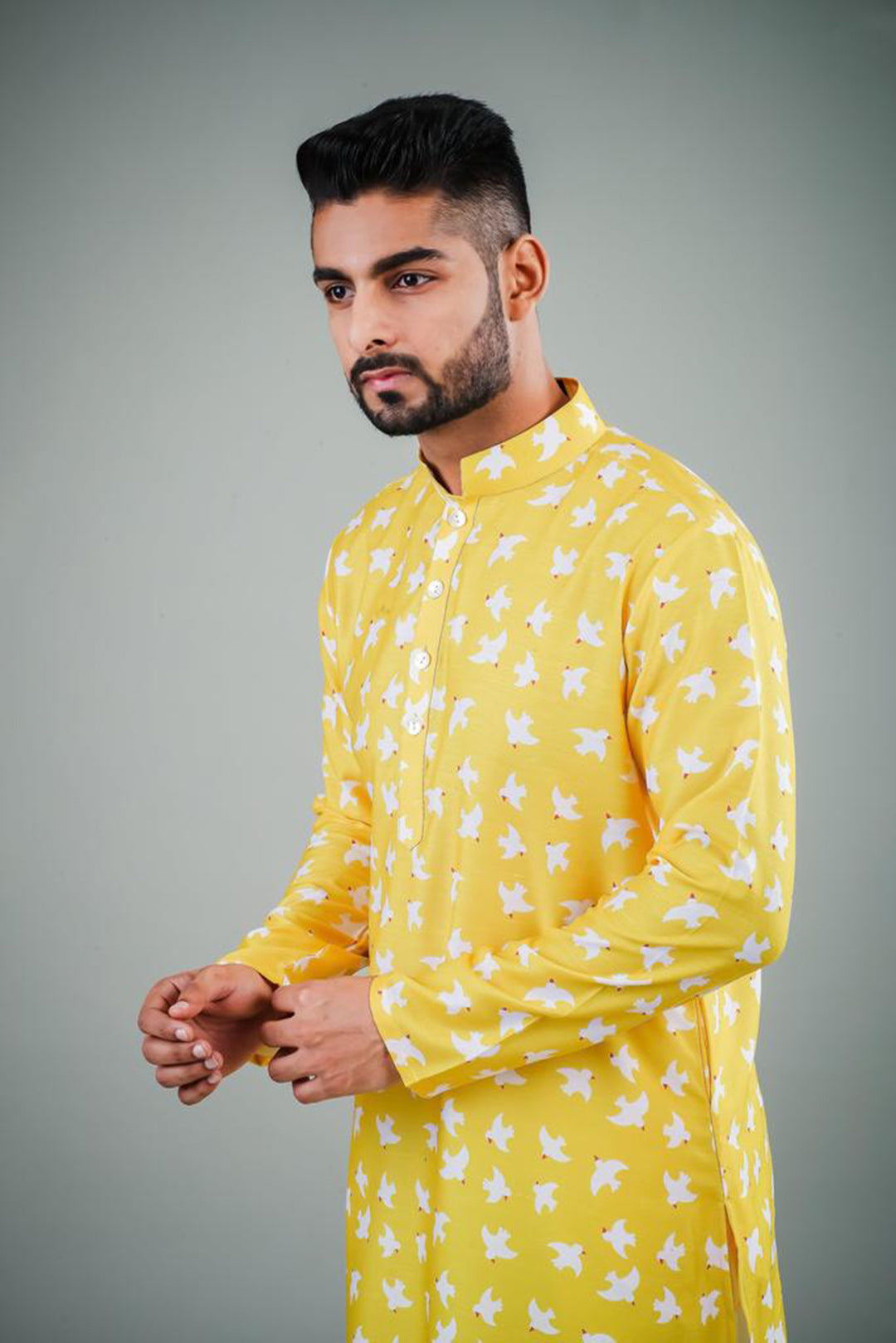 Ensemble pyjama Kurta en coton imprimé oiseau jaune pour homme