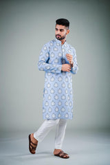 Men's Sky Blue Printed Cotton Kurta Pajama Set