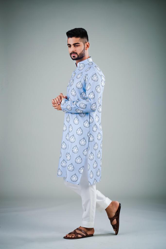 Men's Sky Blue Printed Cotton Kurta Pajama Set