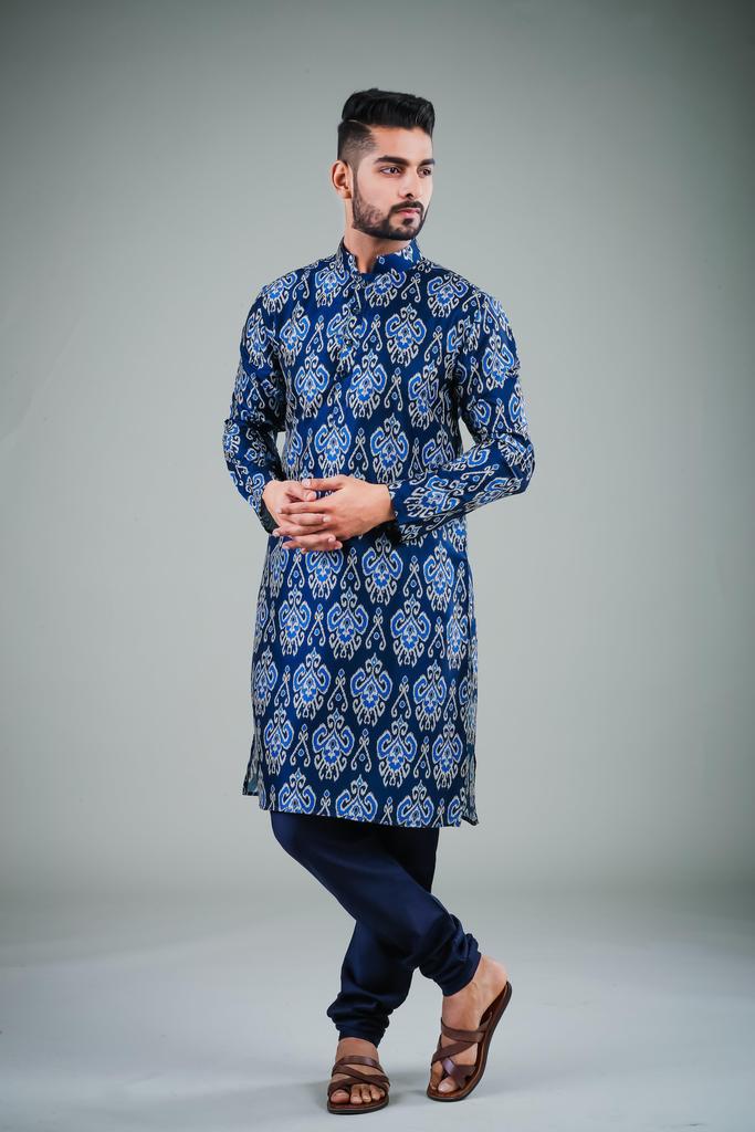 Men's Navy Blue Satin Cotton Kurta Pajama Set