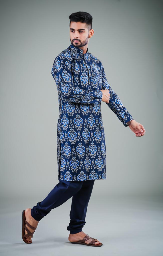 Men's Navy Blue Satin Cotton Kurta Pajama Set