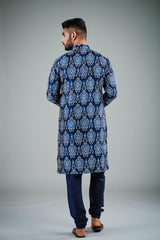 Men's Navy Blue Satin Cotton Kurta Pajama Set