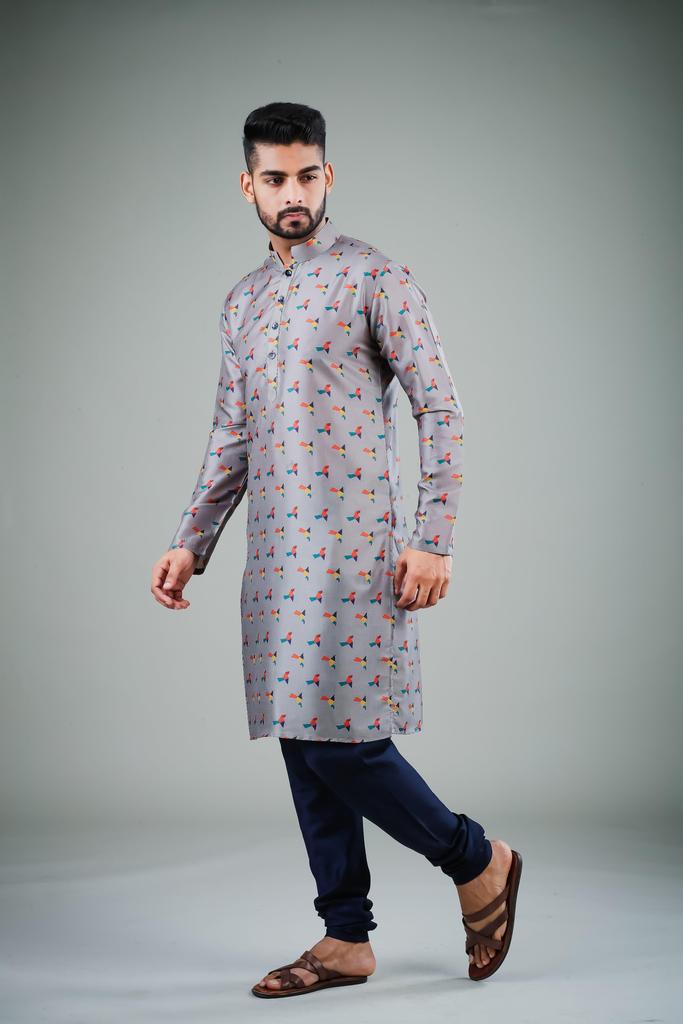 Men's Grey Printed Cotton Kurta Pajama Set