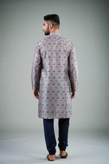 Men's Grey Printed Cotton Kurta Pajama Set