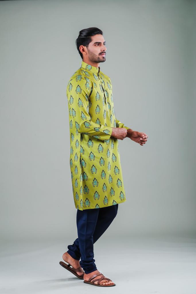 Ensemble pyjama Kurta en coton vert uni pour homme