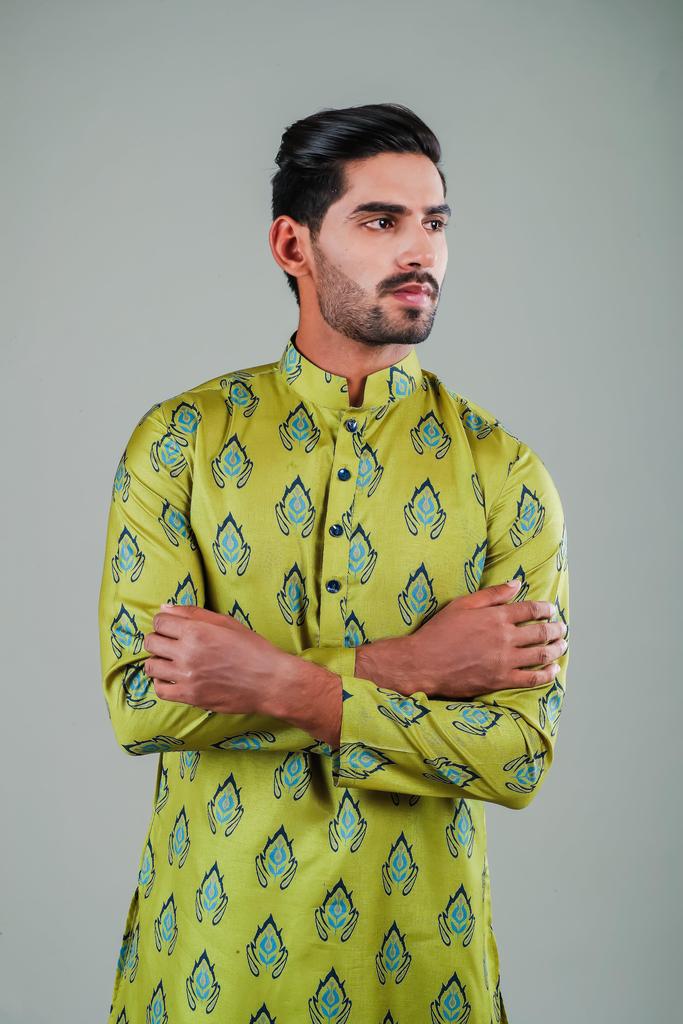 Ensemble pyjama Kurta en coton vert uni pour homme