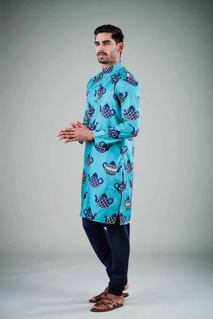 Ensemble pyjama Kurta en coton uni turquoise pour homme