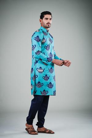 Ensemble pyjama Kurta en coton uni turquoise pour homme