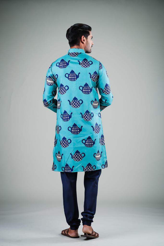 Ensemble pyjama Kurta en coton uni turquoise pour homme