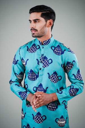 Ensemble pyjama Kurta en coton uni turquoise pour homme