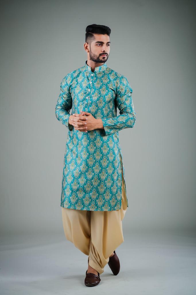 Men's Teal Solid Cotton Kurta Pajama Set