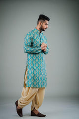 Men's Teal Solid Cotton Kurta Pajama Set