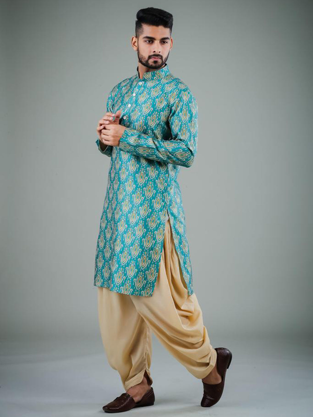 Men's Teal Solid Cotton Kurta Pajama Set