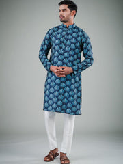 Men's Navy Blue Solid Tunic Cotton Kurta Pajama Set