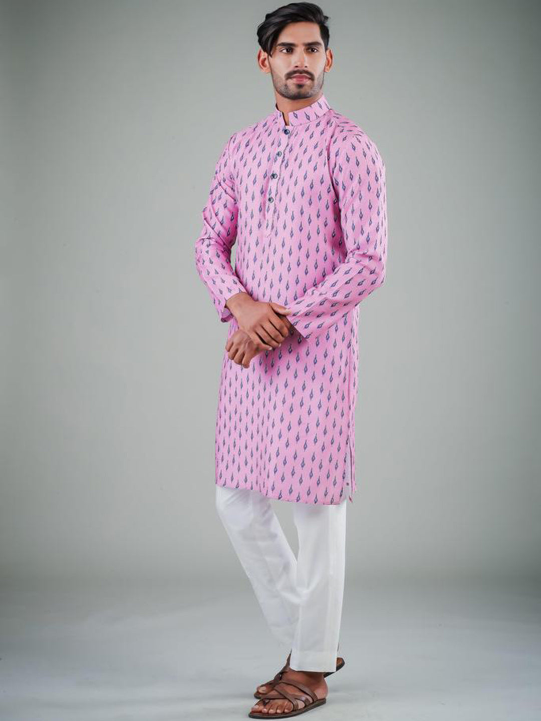 Men's Pink Solid Tunic Cotton Kurta Pajama Set