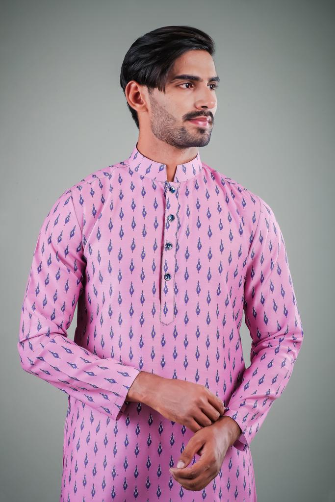 Men's Pink Solid Tunic Cotton Kurta Pajama Set