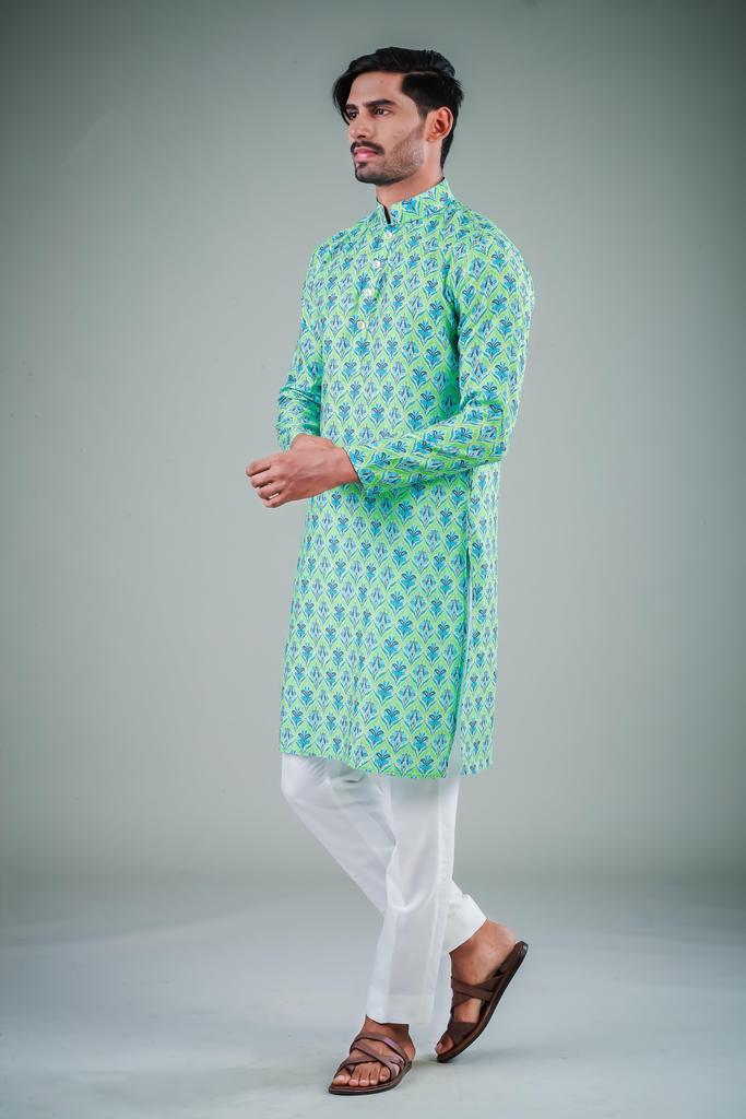 Men's Green Solid Tunic Cotton Kurta Pajama Set