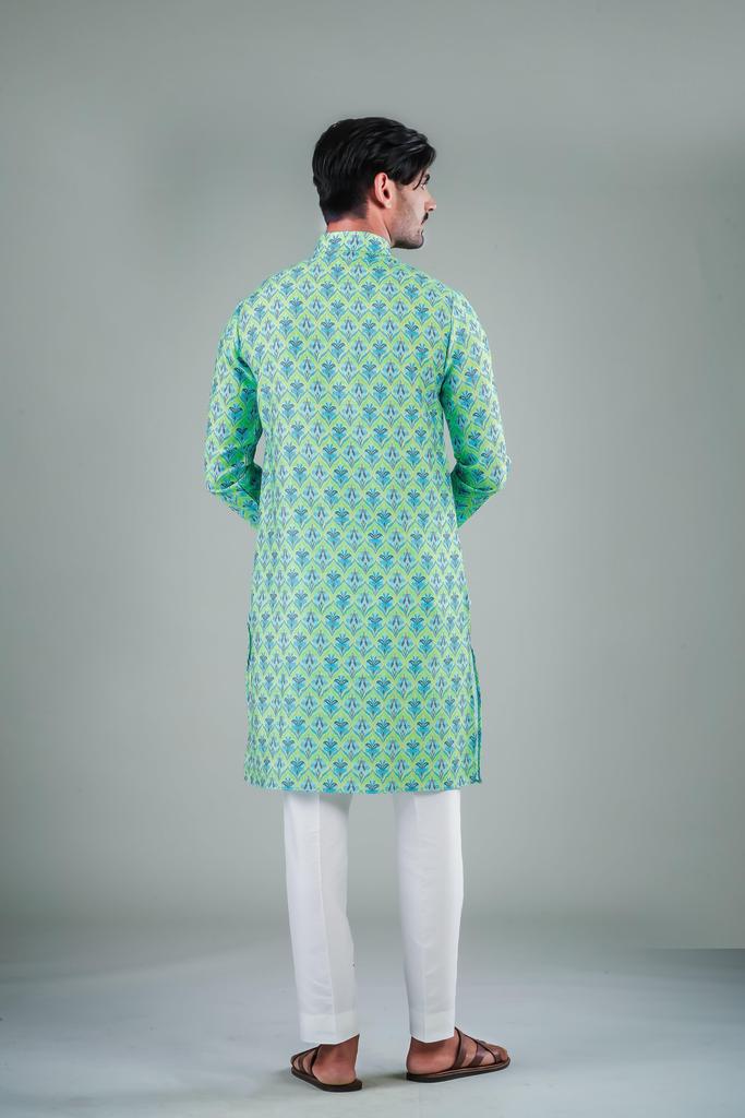 Men's Green Solid Tunic Cotton Kurta Pajama Set