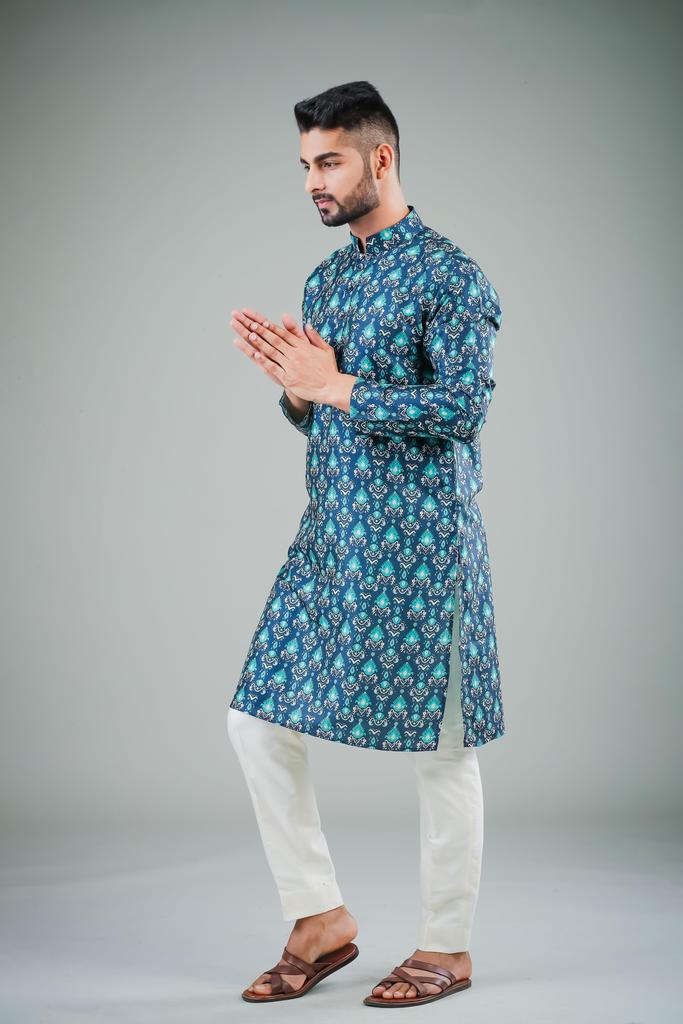 Ensemble pyjama Kurta en coton bleu marine pour homme avec tunique unie