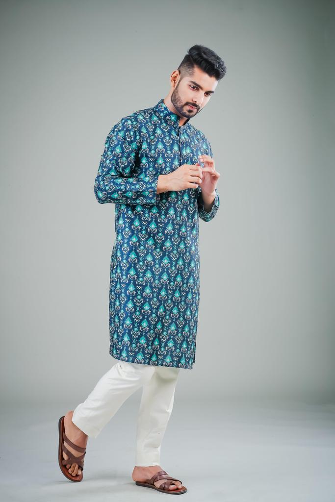 Ensemble pyjama Kurta en coton bleu marine pour homme avec tunique unie