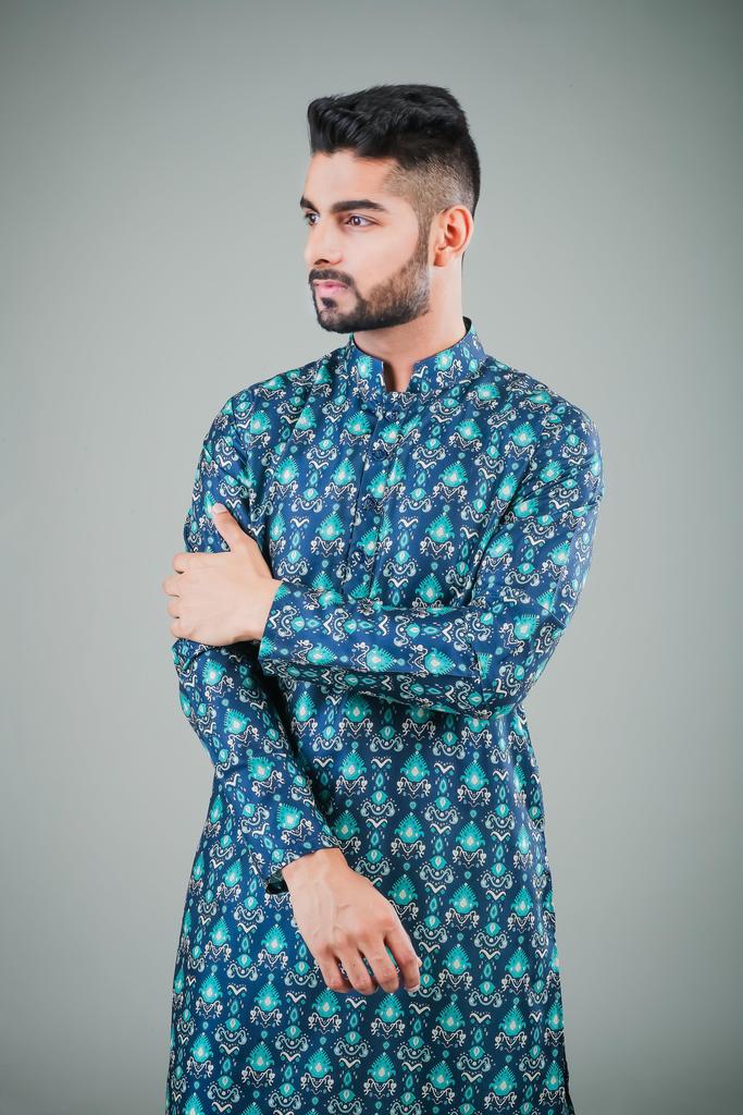 Ensemble pyjama Kurta en coton bleu marine pour homme avec tunique unie