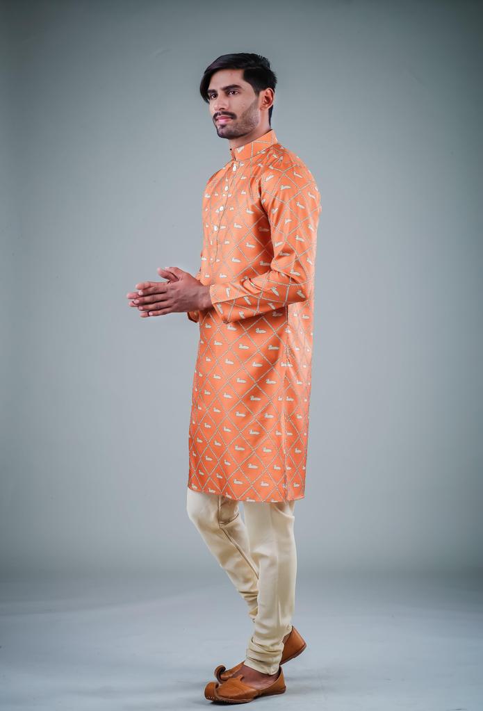 Ensemble pyjama Kurta en coton orange uni pour homme