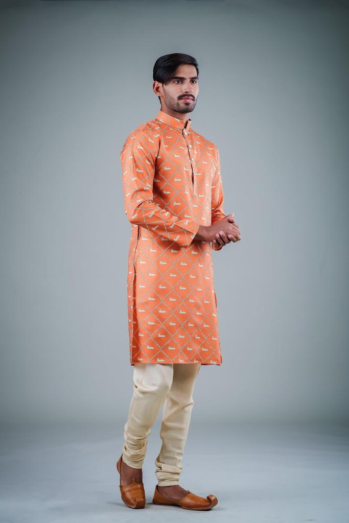 Ensemble pyjama Kurta en coton orange uni pour homme