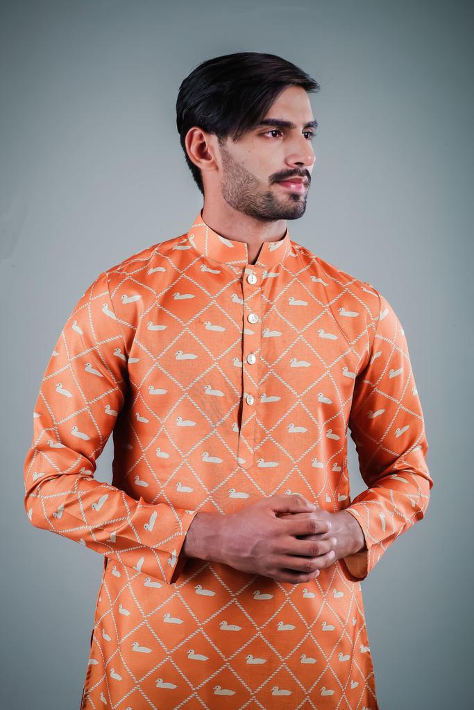 Ensemble pyjama Kurta en coton orange uni pour homme