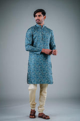 Men's Teal Solid Tunic Cotton Kurta Pajama Set