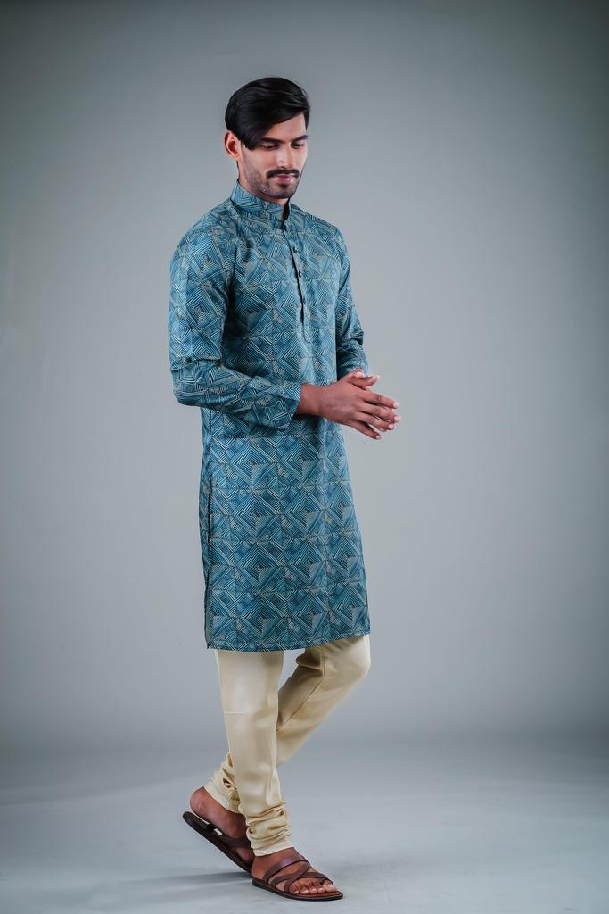 Men's Teal Solid Tunic Cotton Kurta Pajama Set