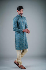 Men's Teal Solid Tunic Cotton Kurta Pajama Set